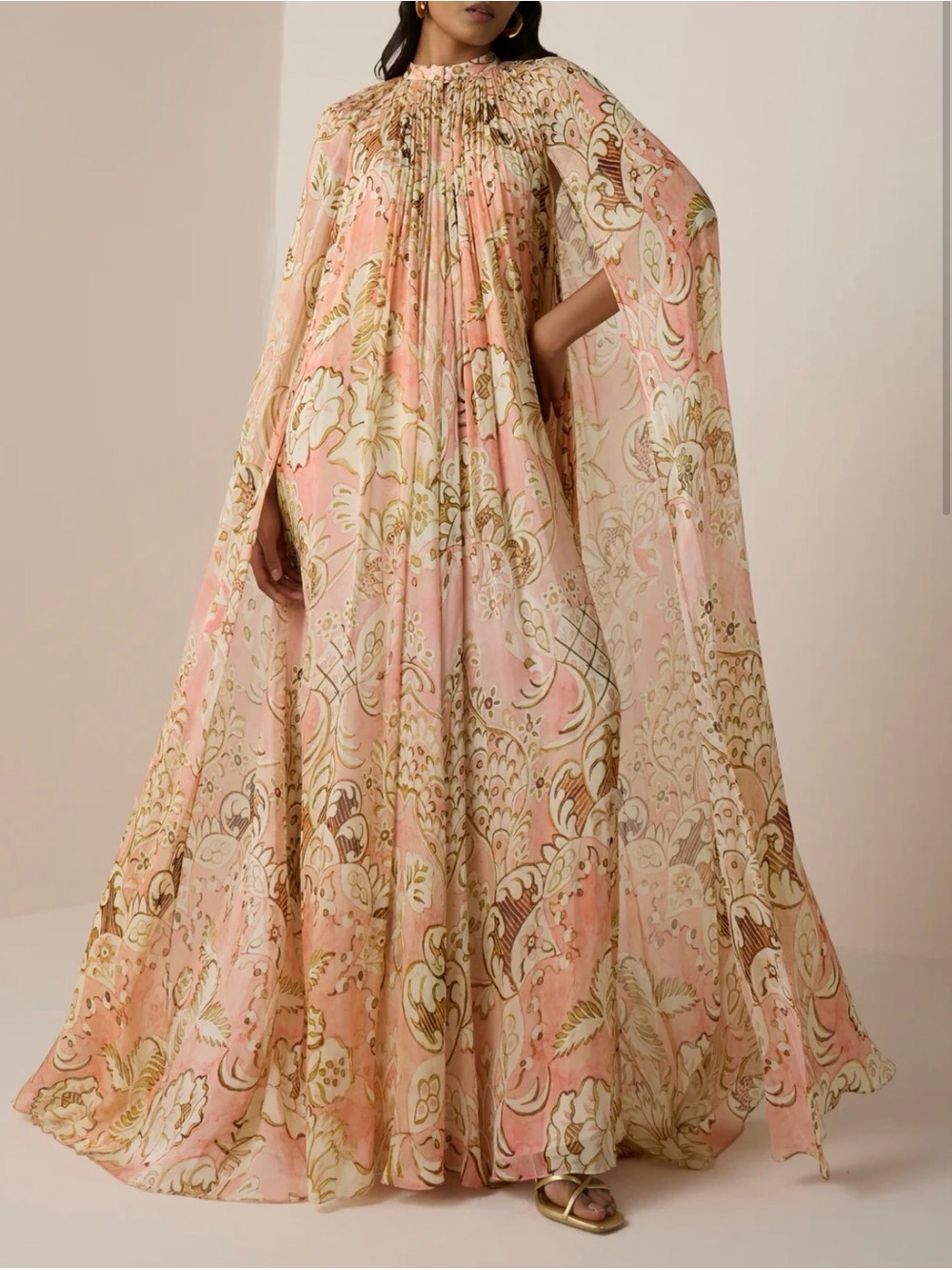 HEMANT & NANDITA Pink and Gold Floral Maxi Cape Dress - Picture 3 of 13
